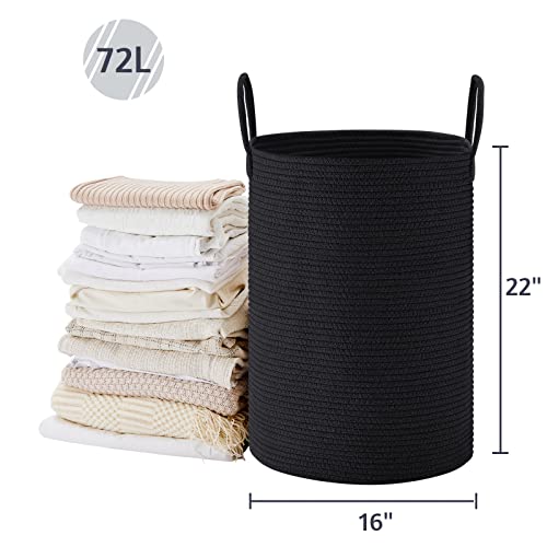 VIPOSCO Large Laundry Hamper, Tall Woven Rope Storage Basket for Blanket, Toys, Dirty Clothes in Living Room, Bathroom, Bedroom - 72L Black - color: Black, size: 72L