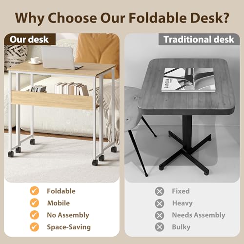GarveeHome Folding Desk Small Rolling Desk with Storage Shelf,31.5 Inch Foldable Computer Table with Wheels,Portable Office Desk for Small Space Sofa Table,Easy to Fold - color: 31.5" Oak