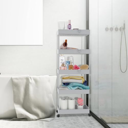 SPACEKEEPER 5-Tier Rolling Cart, Bathroom Storage Organizer Utility Cart, Mobile Shelving Unit Slide Out Shelves for Kitchen Living Room Laundry Room & Dressers,Gray - color: Grey, size: 5 Tier
