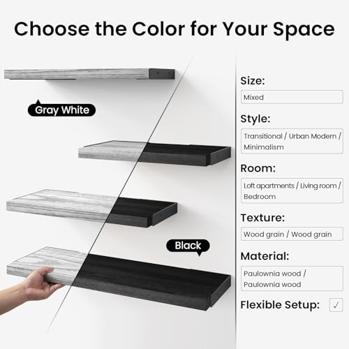 BAYKA Wall Shelves for Bedroom Decor, Floating Shelves for Living Room Kitchen Storage, Wall Mounted Rustic Wood Floating Shelves for Kids Books, Corner Shelf for Bathroom(Gray White，Set of 4) - color: E. Gray White Board & Black Brackets, size: 16-inch M