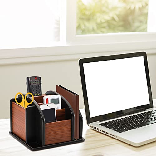 DEAYOU Wood Rotating Remote Caddy, Spinning Remote Control Holder for Table, 6-Compartment Wooden Revolving Office Supplies Desktop Storage Organizer for Pen, Pencil, Mail, Desk, Home, Living Room