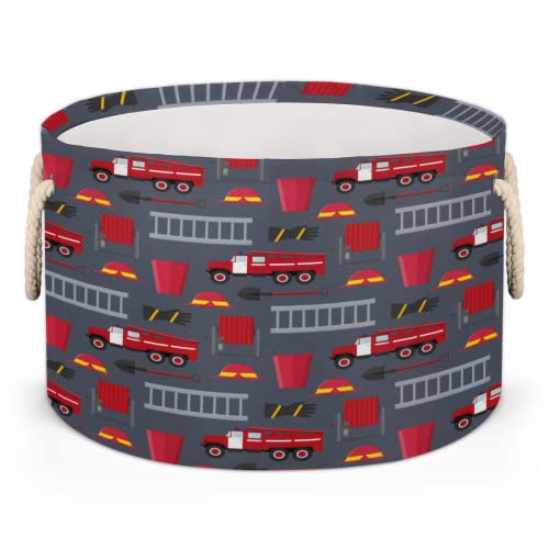 Pardick Large Round Storage Basket Fire Department Truck Collapsible Circle Storage Bin Laundry Hamper With Handle for Toy Blanket Dirty Clothes Towel Living Room Nursery Storage Organizer - color: A04:Fire Truck