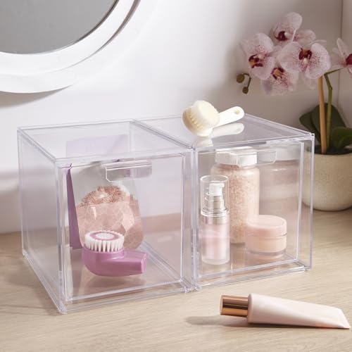 STORi Audrey Stackable Bin Clear Plastic Organizer Drawers | 2 Piece Set | Organize Cosmetics and Beauty Supplies on a Vanity | Made in USA - size: 6.75" Tall Set