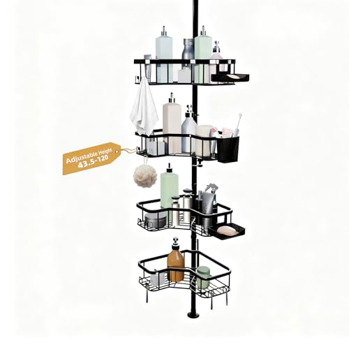 Corner Shower Caddy Tension Pole, 4 Tier Rust-Resistant Adjustable Bathroom Organizer Shelves, Bathtub Storage Rack with Soap Holder, No-Drill Install, Floor to Ceiling Rod 47-121 Inch, Black - color: Black