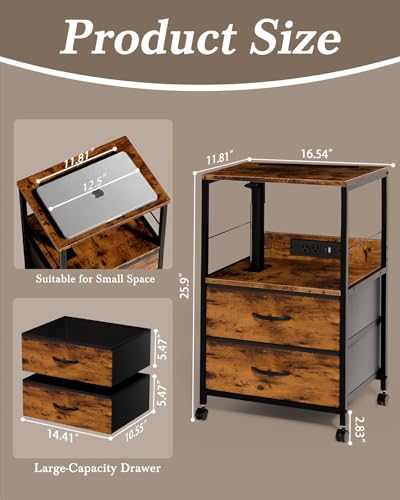 Faesun Swivel Lift Top Nightstand with Charging Station, Rolling Side Table for Recliner, Bedside Table with Wheels & 2 Fabric Drawers, for Small Spaces, for Bedroom, Living Room, Brown - color: Brown, size: 2 Drawers