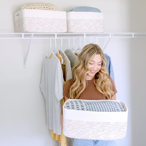 NaturalCozy Storage Baskets 16.8”x13”x7.6” Cotton Rope Woven Baskets for Organizing 3-Pack | Toy Storage Bins | Basket for Shelves, Laundry, Blanket, Clothes, Closet, Kitchen, Bathroom, Gifts - color: Off White & Rainbow Stitching