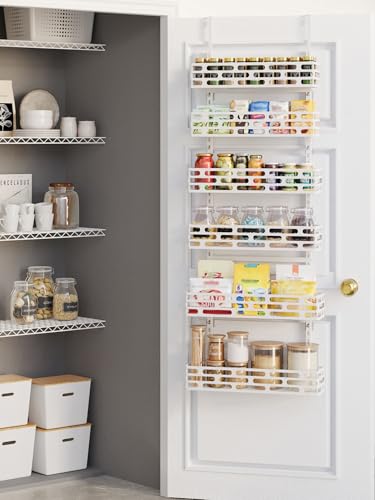 Over the Door Pantry Organizer - 6 Tier Adjustable Pantry Organization and Storage, Hanging Basket Wall Spice Rack Seasoning Shelves, Home & Kitchen Bedroom Bathroom, White - color: WhiteOpenwork, size: 6-Tier