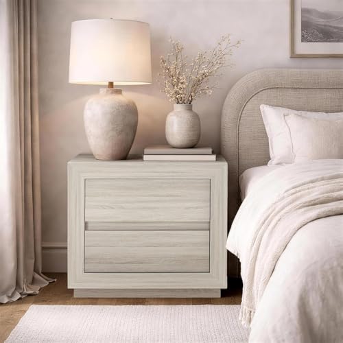 Manhattan Comfort Soren 26" Contemporary Nightstand with 2 Drawers, Modern Wood Design Bedside Table, Handle-Less Storage Drawers, Compact & Functional, Whitewashed Oak - color: Whitewashed Oak