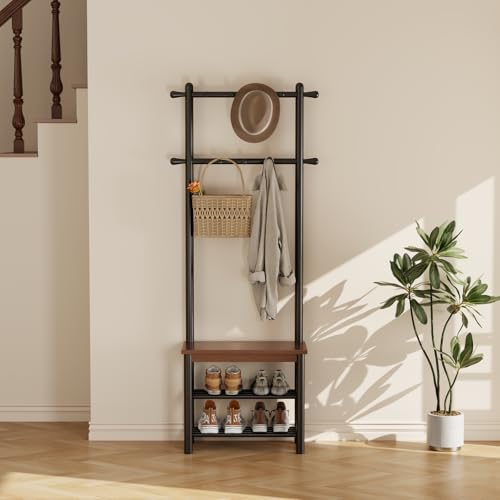 Coat Rack with Shoe Storage, Wood and Metal Frame, Entryway Hall Tree with Bench, Featuring 11 Hooks and 2-Tier Storage Shelves, 3-in-1, Entry Bench with Coat Rack (23.6" Walnut) - size: 60