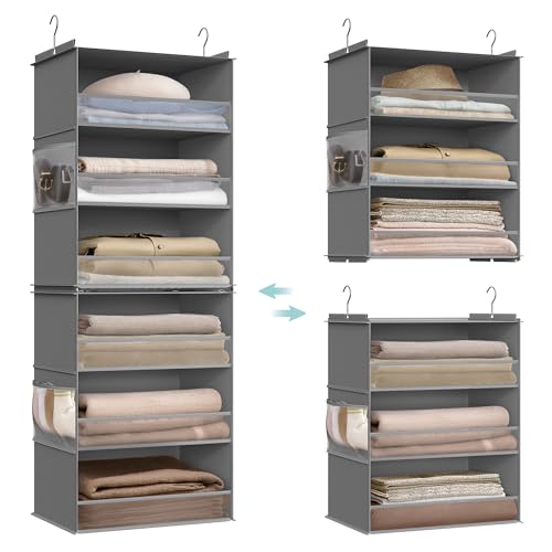 SONGMICS Hanging Closet Organizer, 6-Tier Fabric Storage Shelf, Separable Closet Hanging Shelf with Side Pockets, Foldable, Metal Hooks and Bamboo Inserts, Dove Gray URCH007G01 - color: Dove Gray, size: 1 Pack