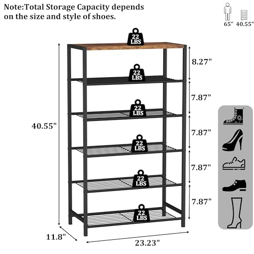 HOMEFORT Shoe Rack 6-Tier, Shoe Storage Shelf, Industrial Shoe Tower, Narrow Shoe Organizer for Closet Entryway, Small Shoe Rack Table with Durable Metal Shelves, Rustic Brown - color: Rustic Brown, size: 6-Tier (11.8"D x 23.23"W x 40.55"H)