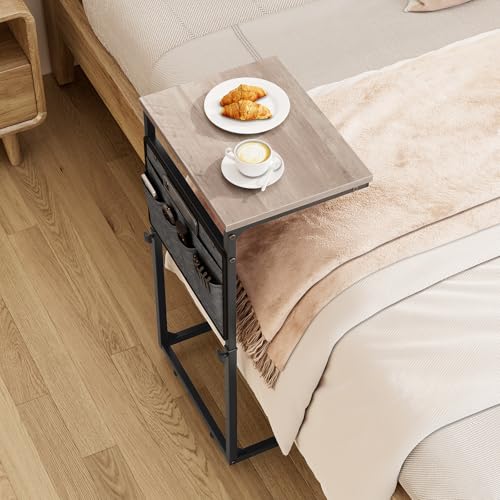 Vagusicc C Shaped End Table, 33'' Tall Side Table for Couch, Adjustable Height Small Couch Side Table for Small Spaces, C Table Slide Under Sofa Table TV Tray Arm Table for Living Room, Bedroom, Grey - color: Greige