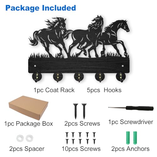 MAYJOYDIY Horse Coat Hooks Wall Mounted 11.8×7.9inch Running Horse Key Holder for Wall Wood Key Rack Hanger with 5 Alloy Hooks for Wall Art Decor Entryway Front Door Gift - color: Horse