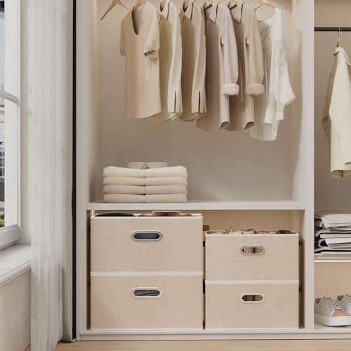 Yawinhe Collapsible Storage Box, Cube Storage Basket, Fabric Foldable Storage Bins Organizer Containers with Dual Leather Handles for Home Bedroom Closet Office,15.0 x 9.8 x 8.3 Inch, (Beige, 4-Pack) - color: Beige, size: 15.0x9.8x8.3inch(4-Pack)
