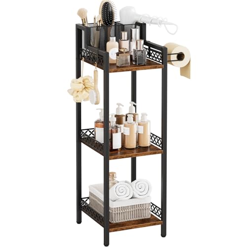 Bathroom Storage and Organizer Shelf Hair Dryer Holder, 9.85in 3-Tier Narrow Metal Standing Rack with Toilet Paper Holder, Corner Stand for Cosmetic, Vanity, Kitchen, Laundry Rustic Brown - color: 9.85“ Black Without Drawer