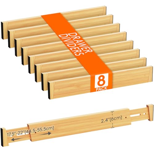 Lifewit 2.4" High 8 Pack Bamboo Drawer Dividers 45-55cm/17.5-22" Adjustable Wooden Drawer Organizer for Clothes/Utensils, Expandable Drawer Separator for Dresser/Kitchen/Bedroom/Office Organization - size: 2.4"H, 17.5-22"L