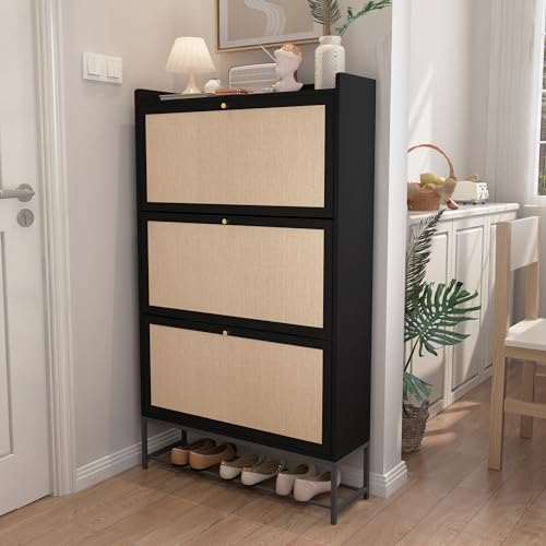 AVZEAR Shoe Cabinet, Shoe Cabinet Freestanding Tipping Bucket Shoe Rack Organizer with 3 Flip Drawers, Modern Entryway Narrow Shoe Rack for Entryway, Hallway, Bedroom (Black) - color: Black, size: 3 Drawers