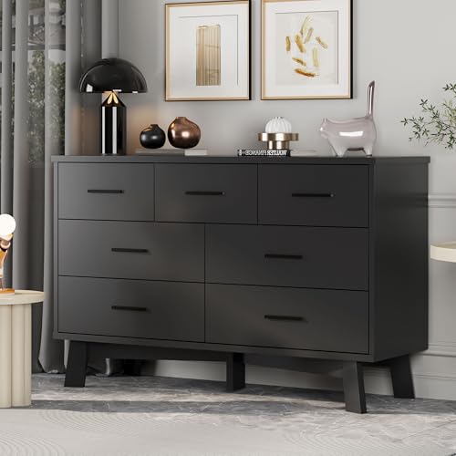 Xixini Dresser for Bedroom with 7 Drawer, Wood Modern Chest of Drawers with X-Shaped Sturdy Base, Wide Double Dresser Closet Clothes Storage Organizer, Wooden TV Stand for Living Room, Hallway, Black - color: Black, size: 15.6"D x 47.2"W x 29.5"H (7 Drawe