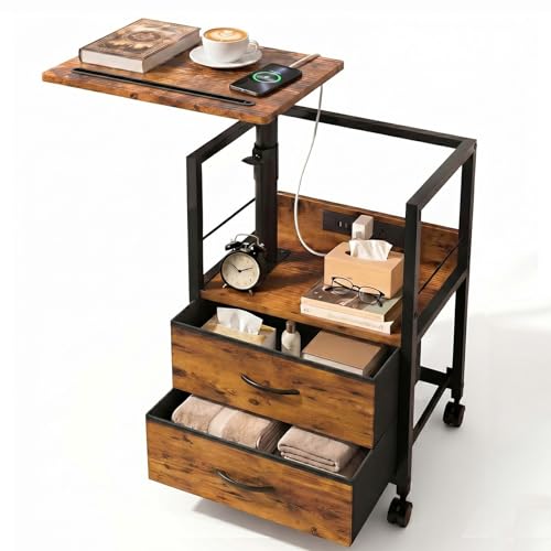 Faesun Swivel Lift Top Nightstand with Charging Station, Rolling Side Table for Recliner, Bedside Table with Wheels & 2 Fabric Drawers, for Small Spaces, for Bedroom, Living Room, Brown - color: Brown, size: 2 Drawers