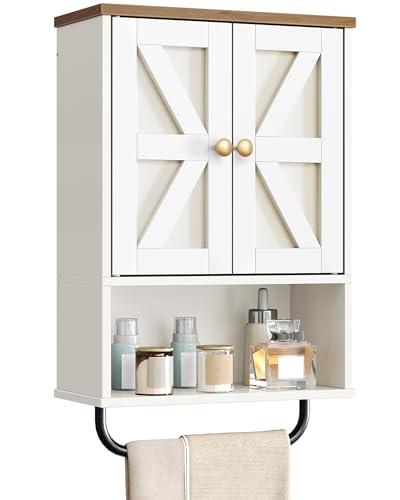 CHOEZON Bathroom Wall Cabinet, Medicine Cabinet with Open Partition and Towel Bar, Rustic Storage Cabinet with Open and Hidden Storage Space, for Bathroom, Living Room, Kitchen, White and Walnut - color: White and Walnut, size: 7.1"D x 15.4"W x 24.4"H