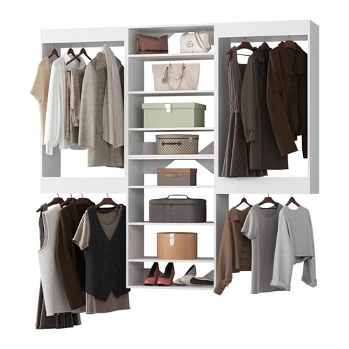 Modular Closet System, 66" Wide Closet Organizer System with Hanging and Towers, Wood Tower Closet Storage for Walk In Closets, Wall Mounted Wardrobe Organizer Kit System, Bedroom, White - color: White, size: 66" Wide, style: Double Hanging*2 + Shelf Towe