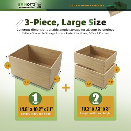 BAMOTTO CRAFTBAMBOO 3-Piece Large Bamboo Storage Box Set - 7.1in High Stackable Deep-Drawer Organizer, Lidless Bamboo Bin for Kitchen Cutlery Utensils Knives (14.6"x10.2"x7.1"*1 + 10.2"x7.3"x3"*2) - color: 3-Piece Bamboo Box Set - Large, size: 14.6"L x 10