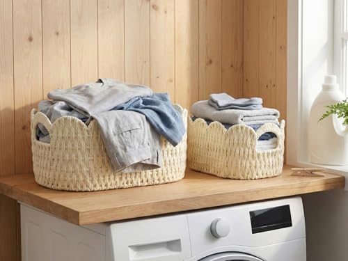 Coeusy Paper Rope Scalloped Basket Set of 2,Hand-woven Storage Baskets for Shelves,Nursery,Books,Toys,Cute Boho Decor Baskets for Organizing,White - color: White