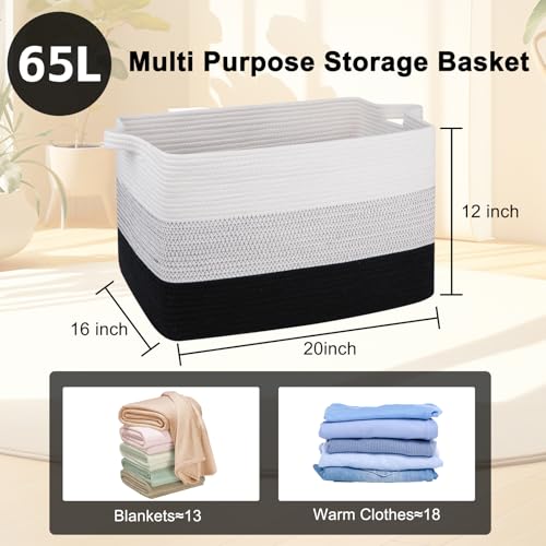 OIAHOMY Large Blanket Basket, 65L Cotton Rope Woven Laundry Basket, Toy Bin for Baby Room, Container for Blanket Storage in Living Room, 20''×16''×12'', Gradient Black - color: Gradient Black, size: 65L