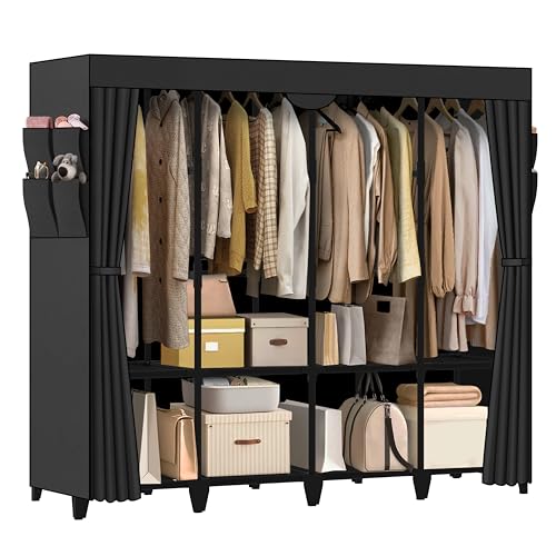 Wardrobe Closet, Quick and Easy Assembly, Black Large Capacity Portable Closet with 4 Hanging Rods 8 Storage Shelves and 8 Side Pockets, Clothes Rack with Cover, for Bedroom and Living Room - color: Black, size: 66 Inch