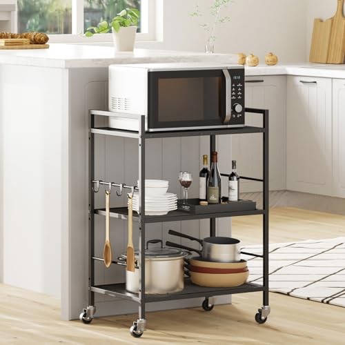 3-Tier Metal Storage Rack with Industrial Wheels,Mesh Shelving Unit with Wooden Table top,Adjustable Shelf,23.6-Inch Width,15.8-Inch Depth, for Kitchen, Laundry,Pantry,Plant,Black panel - color: Black Panel, size: 3 Tier (23.6"W x 15.8"D)