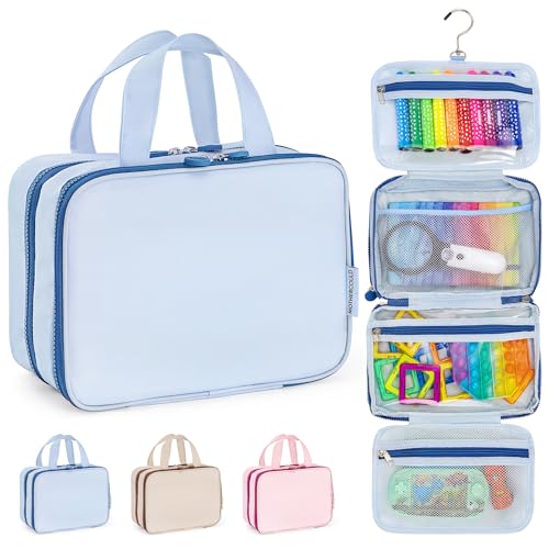 Kids Travel Organizer – Multi-Compartment, Water-Resistant Hanging Bag for Toys, Snacks, & Activities - Compact, Lightweight Design with Hook & Carry Handle - Perfect for Travel Use (Blue, Small) - color: Blue, size: Small
