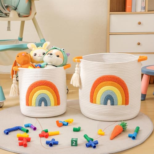 INough Toy Storage Baskets Woven Cotton Rope Storage Basket Kids Blanket Baskets for Living Room, Toys Organizer with Embroidery Colorful Rainbow Decor, Baby Basket for Laundry Nursery (Boho Rainbow) - color: Rainbow O, size: Medium