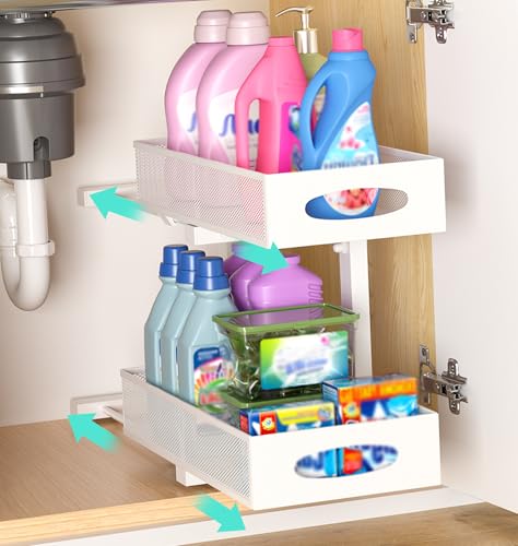 Under Sink Organizer, 1 Pack 2 Tier Metal Slide Out Pull Out Cabinet Organizer Shelf, Height Adjustable Organization and Storage Series, Bathroom/Desktop/Cabinet/Kitchen organization, White - color: White - Single Pack, size: Standard Version