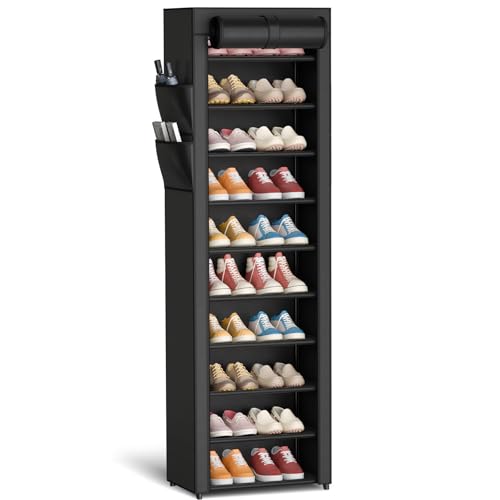 Kitsure Shoe Rack - 10-Tier Large Capacity Shoe Organizer Shelf with Dust Cover & Side Pockets, Rust-Proof Metal Shoe Rack for Closet, Entrance, Living Room, 17.5" x 12.4" x 69.3", Black - color: Black, size: 17.5" x 12.4" x 69.3"