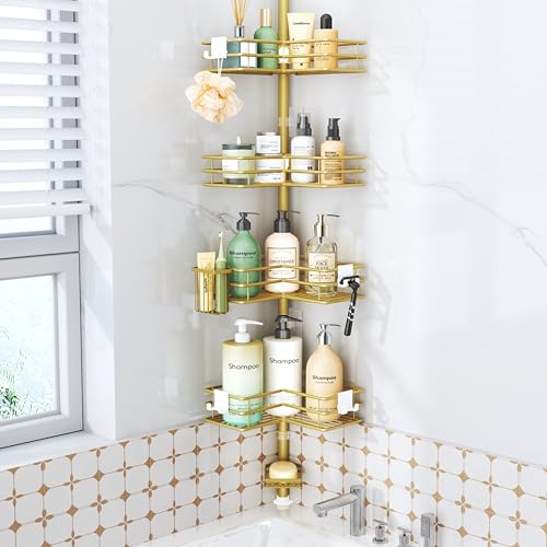 HapiRm Corner Shower Caddy Organizer - Shower Organizer Corner with Soap Holder, Toothbrush Holder and 4 Hooks, Rustproof Bathroom Shelf Tension Pole Available for 27.6 to 108.3 Inch - Gold - color: Gold