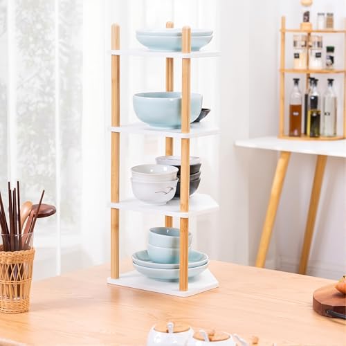 4-Tier Expandable Bamboo Corner Shelf - Dish/Plate Organizer for Cabinet, Kitchen Counter Shelf & Small Kitchen Shelf, Adjustable (White, 1-Pc 4-Tier) - color: 6.7"H-White-4