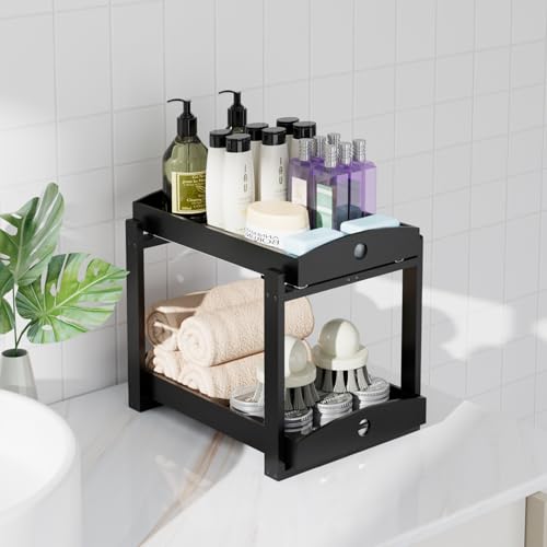 APRTAT 2 Pack Under Sink Organizer, Bamboo Wooden 2-Tier Pull-Out Storage with Sliding Drawers for Kitchen and Bathroom Cabinets, Easy Installation (Black) - color: Black
