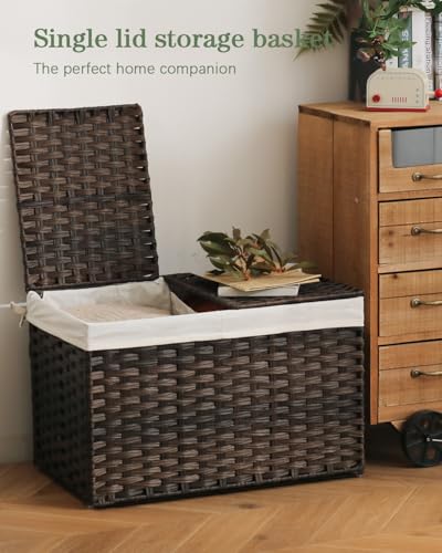 SETVSON Storage Basket with Lid Wicker Baskets for Storage with 2 Separate Lid 42.3 Gallon (160 L) 29.9 x 17.3 x 18.1 Inches Rattan Woven Large Wicker Basket with 2 Liners for Bedroom Laundry Brown - color: Brown, size: 160L-29.9L*17.3W*18.1H