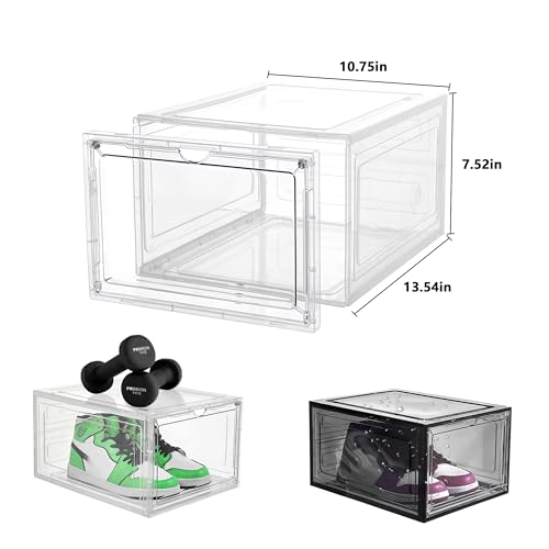 Attelite Upgrade 12pack Shoe Box Storage Containers,Thicken Sturdy Clear Stackable Plastic Shoe Organizer Box with Magnetic Door, X-Large Drop Front Shoe Box - color: Clear White, size: XL-12-pcs