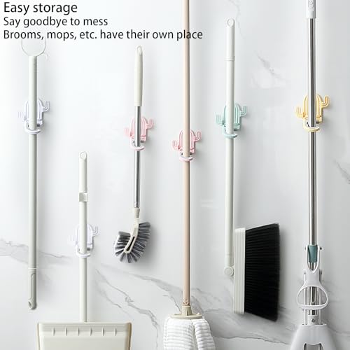 4 Pack Broom and Mop Holder Wall Mount，Cute Cactus Wall Utility Hooks No Drill Mop and Broom GripperDecorative Hanging Holder for Bathroom Kitchen