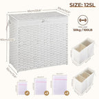 Greenstell Laundry Hamper with Lid, 125L Wicker Laundry Baskets with 2 Removable Liner Bags & 5 Mesh Laundry Bags, Handwoven Rattan Clothes Hamper with Handles for Clothes in Bathroom, Bedroom - color: Light White