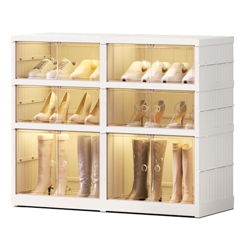 EHAMILY 3 Tier Foldable Shoe Rack Organizer for Closet 6-12Pairs Plastic Collapsible Shoe Racks Shelf for front door entrance Stackable Clear Folding Shoes Storage boxes XLarge Storage Cabinet - size: 3 Tiers 12 Pairs