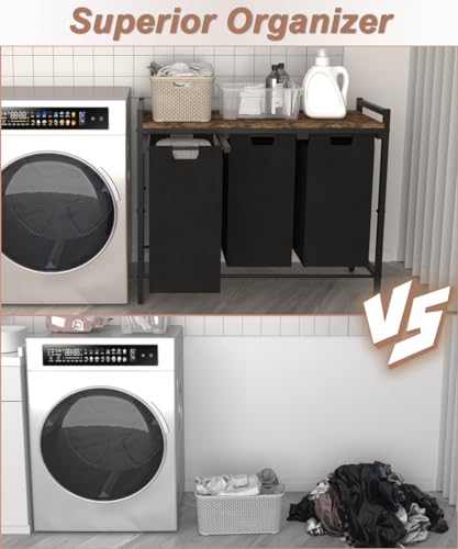 10 x 3 Gal Large Laundry Hamper with 3 Pull-Out & Removable Sorter Bags, Freestanding Clothes Basket Organizer for Clothing or Toys in Bathroom and Living Room, Rustic Brown and Black - size: 3 Section without wheels