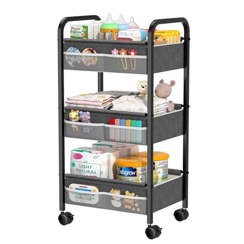 Baby Diaper Caddy Rolling Utility Cart, 3 Tier Baby Essentials Nursery Organizer and Storage with Dividers and Drawers for Crib, Bedroom, Art & Craft Organizer (Black) - color: Black