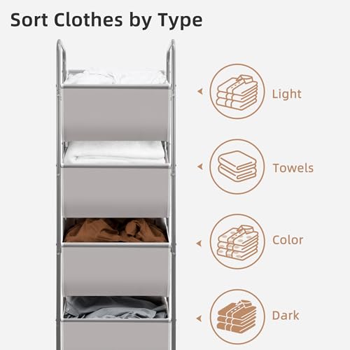STORAGE MANIAC Vertical Rolling Laundry Hamper, 4 Section Laundry Sorter with Wheels and 2 Breaks, 4-tier Laundry Baskets for Small Space, Dorm, Laundry Room, Closet, Bathroom, Gray 4-tier - color: Gray, size: 4 Tier