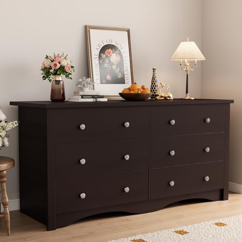 YESHOMY 6 Drawer Dresser for Bedroom, Wood Dresser, Chest of Drawers Storage Organizer, TV Stand for 55 inch TV, for Living Room, Hallway, Closet (Dark Brown) - color: Dark Brown