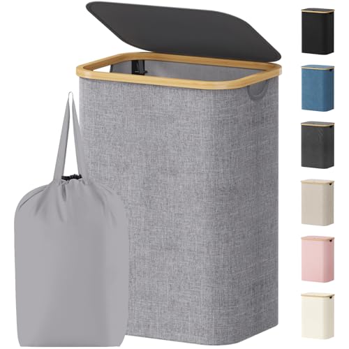 Lifewit 80L Laundry Basket with Lid, Clothes Hampers for Laundry with Bamboo Handles and 1 Removable Bag, Large Foldable Laundry Hamper for Bedroom, Bathroom, Dorm, Laundry Room, Light Gray - color: Light Gray, size: 80L