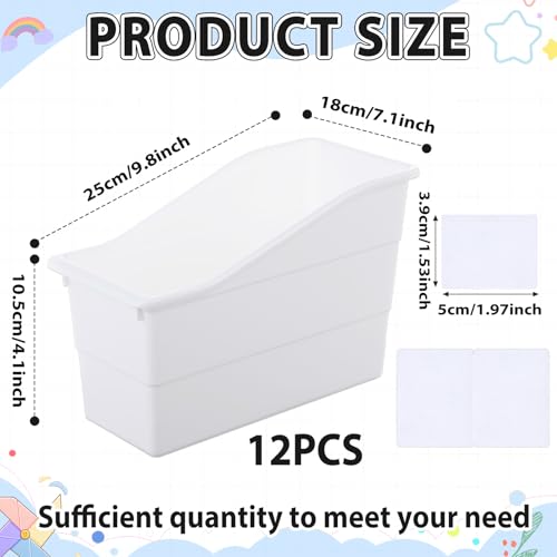 12 Pack Large Book Bins, Durable Magazine Organizer File Holder High-Quality Plastic Book Storage Bins with Labels for Classroom Library, Office, Desktop Organization, Bookshelf Categorization (White) - color: White