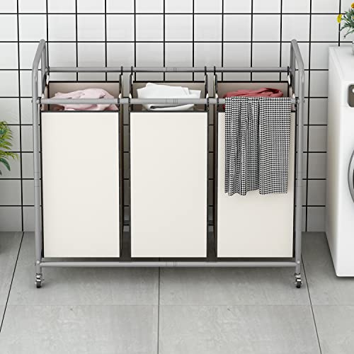 LINZINAR 3-Bag Laundry Sorter,Laundry Hamper Cart with Heavy Duty Rolling Lockable Wheels and Removable Bags (Beige) - size: 3 Bags Beige