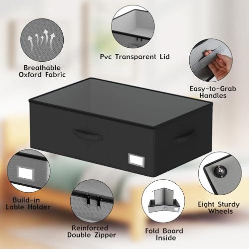 EE-RoomWorld Underbed Storage Bins With Wheels, No Assemble Required 10 inches Height Large Capacity Rolling Underbed Shoe Storage Containers，Dorm Underbed Storage Drawers - color: Black, size: 10 inch height